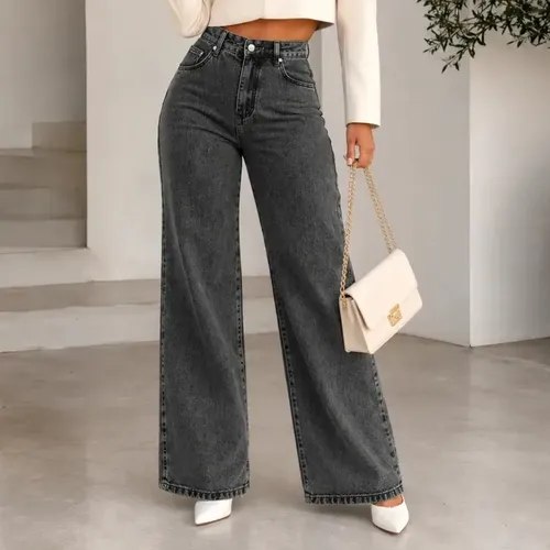 Calça Jeans Pantalona Wide Leg Feminina Cintura Alta Larga