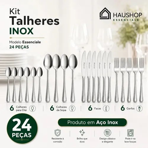 Faqueiro Inox 24 Peças Essenciale Haushop Jogo De Talheres Conjunto Mesa Posta Premium Resistente