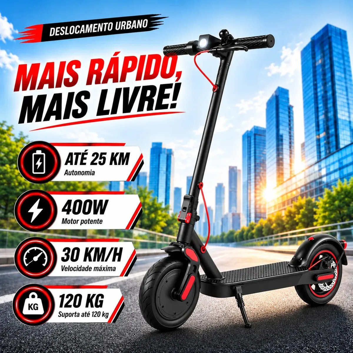 Patinete Elétrico Dobrável 400W 30km/h Suporta 120kg Pneu 8,5 Pol Bluetooth Portátil para Mobilidade Urbana