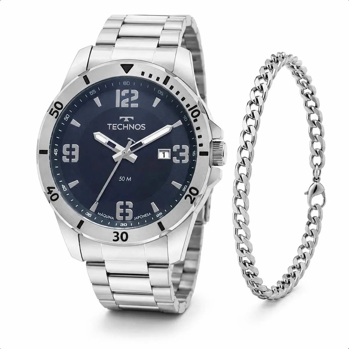 Relogio Technos Masculino 2115MYN/1A 45 Milímetros em Aço Inoxidável com Calendário Fundo Azul Petróleo + Pulseira Masculina