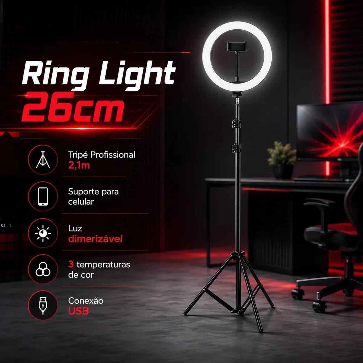 Ringlinght Led Lumi Luz Flash Estudio Profissional Com Tripe 210m Cor Preto 18W Pontokit